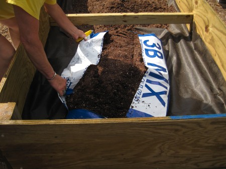 emptying soil into garden box